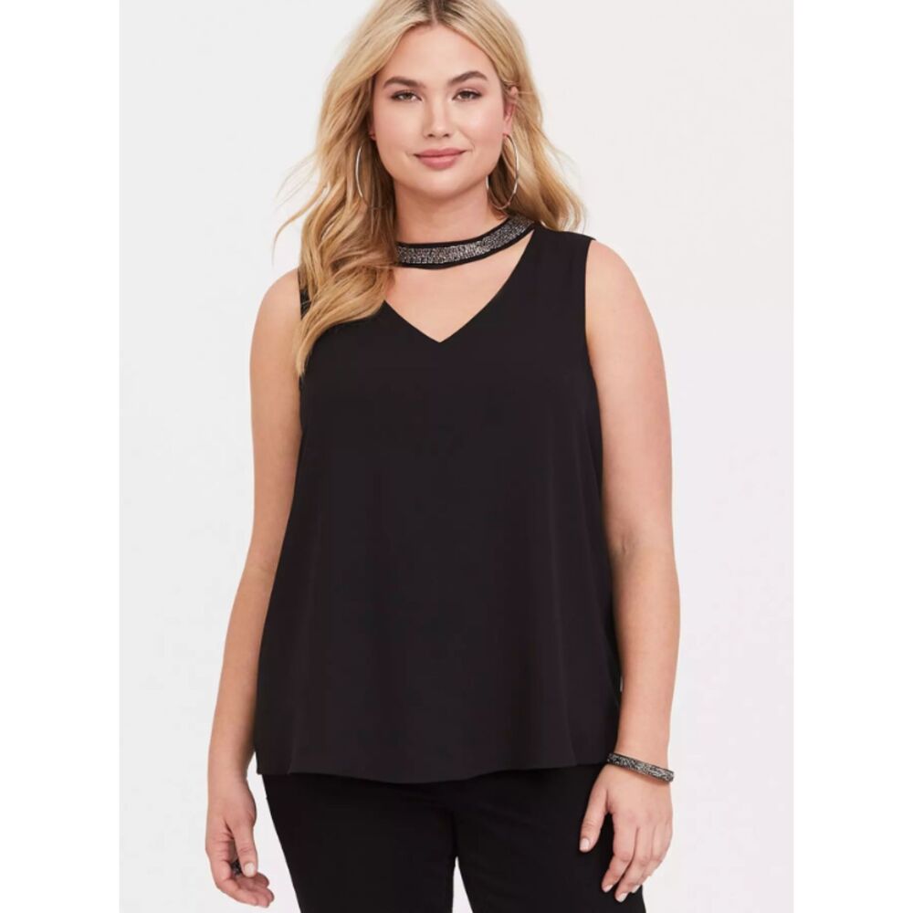 Torrid Choker Tank Georgette Jeweled Neck Sleeveless Lined Tie Blouse Sz 2 (2X)